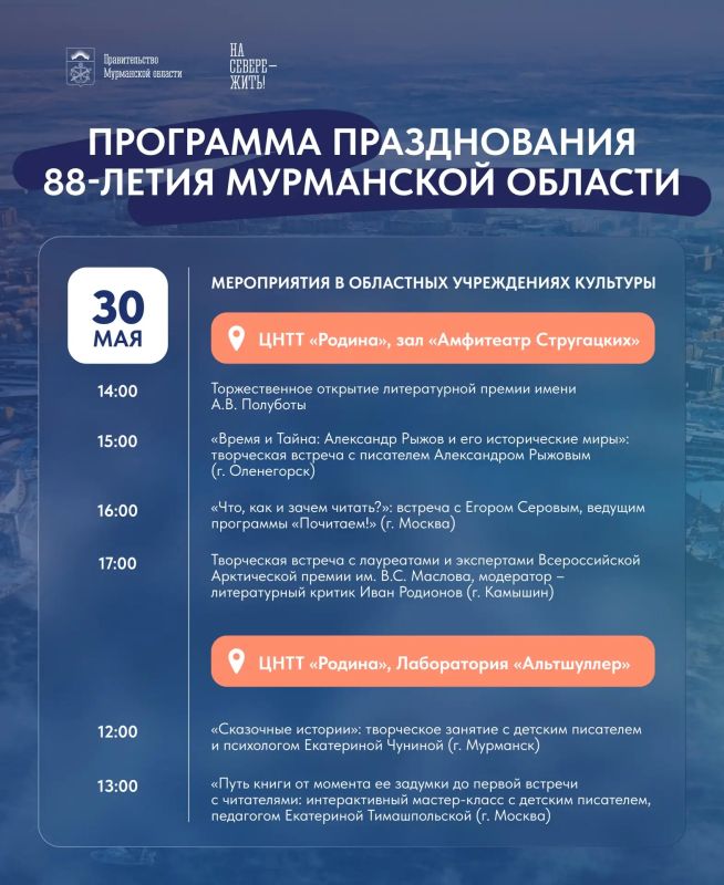 Книжная ярмарка, концерты и интерактивные путешествия: северян приглашают отметить 88-летие Мурманской области Книжная ярмарка, концерты и интерактивные путешествия: северян приглашают отметить 88-летие Мурманской области