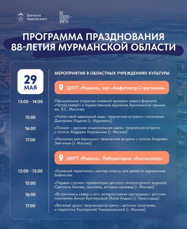 Книжная ярмарка, концерты и интерактивные путешествия: северян приглашают отметить 88-летие Мурманской области Книжная ярмарка, концерты и интерактивные путешествия: северян приглашают отметить 88-летие Мурманской области