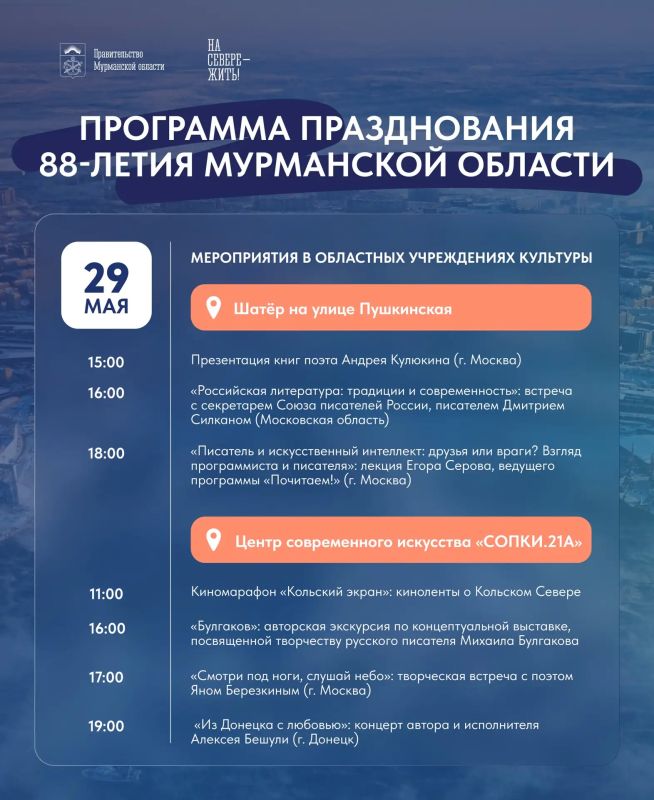 Книжная ярмарка, концерты и интерактивные путешествия: северян приглашают отметить 88-летие Мурманской области Книжная ярмарка, концерты и интерактивные путешествия: северян приглашают отметить 88-летие Мурманской области